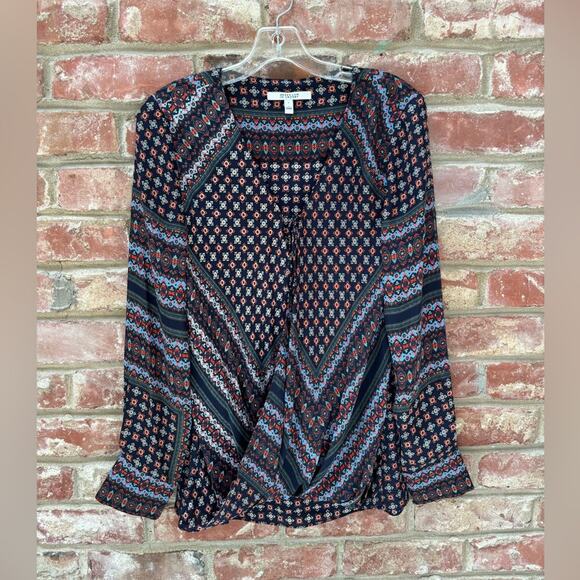 Derek Lam 10 Crosby Navy Geometric Print Draped Front Blouse 100% Silk Sz 8 - Picture 2 of 9